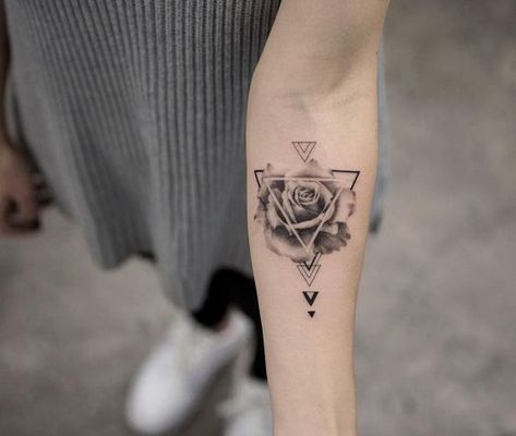 Feed Your Ink Addiction With 50 Of The Most Beautiful Rose Tattoo Designs For Men And Women - KickAss Things|#tattoo #handtattoo #tattoos #rosetattoo #tattoorose 365 Geometric Shape Tattoo, Geometric Rose Tattoo, Rose Tattoos For Men, Blue Rose Tattoos, Geometric Rose, Shape Tattoo, Triangle Tattoos, Tattoo Designs For Men, Mandala Tattoo Design