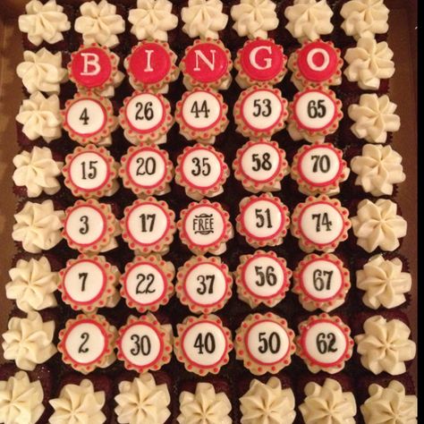 Bingo Cupcakes Bingo Party Food, Bingo Cupcakes, Family Bingo Night, Bingo Fundraiser, Bingo Cake, Bingo Birthday, Bingo Card Generator, Bingo Party, 75th Birthday Parties