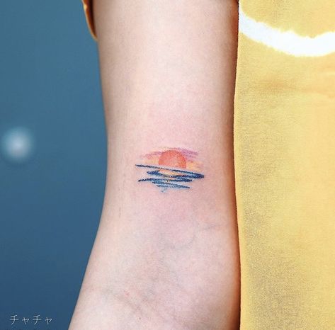 Sunset Tattoo Minimalist Colored, Small Sunset Tattoo Color, Sunset Tattoo With Color, Sunrise And Ocean Tattoo, Rainbow Sunset Tattoo, Sunset Chaser Tattoo, Sunrise Over Ocean Tattoo, Sunset Tattoo Color, Watercolor Sunset Tattoo