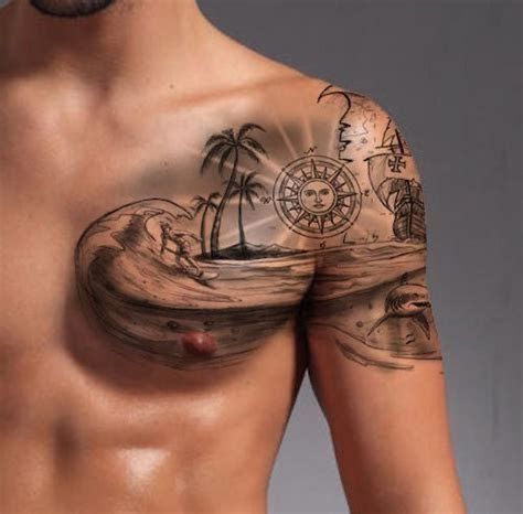 Traditional Ship Tattoo, Tatuaje Trash Polka, Tropical Tattoo, Surf Tattoo, Pirate Tattoo, Palm Tattoos, Tree Tattoo Designs, Ocean Tattoos, Palm Tree Tattoo