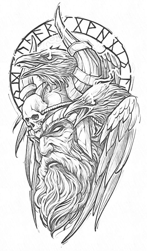 Thor Tattoo Design Norse Mythology, Odin Face Tattoo, Dwarven Tattoo Design, Viking Drawings Easy, Viking Tattoo Stencil, Viking Warrior Tattoo Design, Mjolnir Tattoo Design, Viking Tattoo Ideas For Men, Odin Drawing