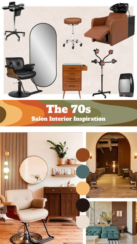 A mood board inspired by the 70s in salon interior inspiration. Mid Century Salon Suite, Mid Century Modern Salon Suite, Retro Salon Aesthetic, 70s Salon, Hairdresser Interior, Modern Salon Suite, Vintage Salon Decor, Brow Salon, Mobile Beauty Salon