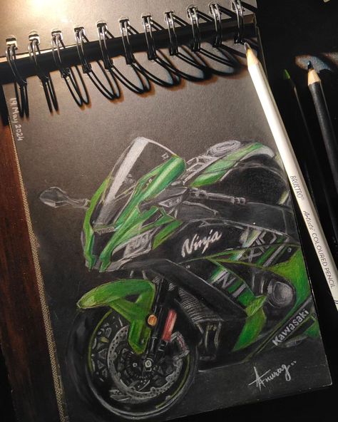 Kawasaki Ninja ZX 10R Medium: Pencil Colors White and black pencils @brustro_official Colored pencils black edition @fabercastell_india #ninja #kawasaki #zx10r #illustration #art #artist #artifydesouls #superbikes #teamgreen #kawasakiindia @kawasaki_india @kawasaki_kuwait @kawasakiusa @__kawasaki_h2r_ Kawasaki Ninja Drawing, Art Pencil Color Drawings, Kawasaki Ninja H2r Drawing, Manic Drawings, Kawasaki Drawing, Kawasaki Ninja Bike, Kawasaki Ninja H2r, Ninja Motorcycle, Ninja Bike