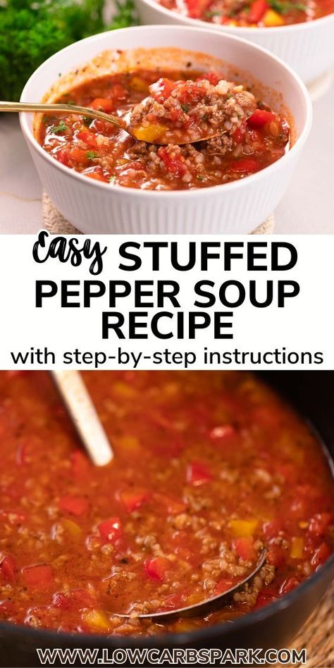 Packed with flavorful veggies and savory seasonings, this stuffed pepper soup is a hearty, one-pot meal that comes together in just 40 minutes. Tasting just like a classic stuffed pepper, it’s a healthy and easy option for busy weeknights, with only 7g net carbs per serving. Loved by my whole family, this cozy soup is perfect for preparing in advance and enjoying on days when time is tight but you still want a warm, satisfying dinner. Stuff Pepper, Stuffed Pepper Soup Recipe, Pepper Soup Recipe, Keto Stuffed Peppers, Easy Stuffed Peppers, Cozy Soup, Stuffed Pepper, Pepper Soup, Low Carb Soup