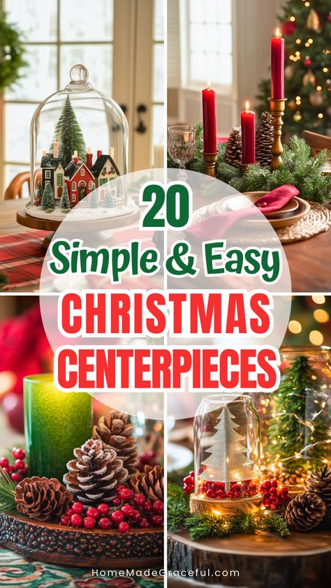 Searching for simple & easy Christmas centerpiece ideas? This curated list of 20 centerpieces will add a touch of elegance to your holiday decor. Whether you prefer cozy vibes with mason jars or bold statements with festive trays, these ideas are easy to recreate and perfect for any table setting. Let these creative centerpiece designs inspire you to craft a warm and inviting space for your loved ones this holiday season. Pinecone Christmas Table Decor, Long Christmas Table Centerpieces, Easy Christmas Tablescapes Simple, Simple Xmas Table Decor Centerpieces, Christmas Centerpieces Using Ornaments, Simple Table Christmas Decor, Holly Centerpiece Christmas, Xmas Table Centrepiece Ideas, Simple Christmas Flower Arrangements