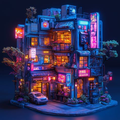 🌸🚗 Welcome to a futuristic fusion of nature and neon! This Cyberpunk Japanese City Block Diorama glows with vibrant pink neon lights and orange-lit windows. With shops, apartments, and even trees and flowers growing around the building, this is the perfect blend of urban life and nature 🌆🌳. Ready to bring your walls to life with sci-fi vibes? ✨ #CyberpunkArt #NeonCity #SciFiArt #FuturisticDecor #TokyoVibes #UrbanAesthetic #CyberpunkCity #NeonLights #JapaneseCity #WallArtDecor #SciFiLovers #... Neon Pink Lights, 90s Cyberpunk, Cyberpunk Decor, Cyberpunk Building, Cyberpunk Tech, Cyberpunk World, Futuristic Decor, Ville Cyberpunk, Cyberpunk Aesthetics