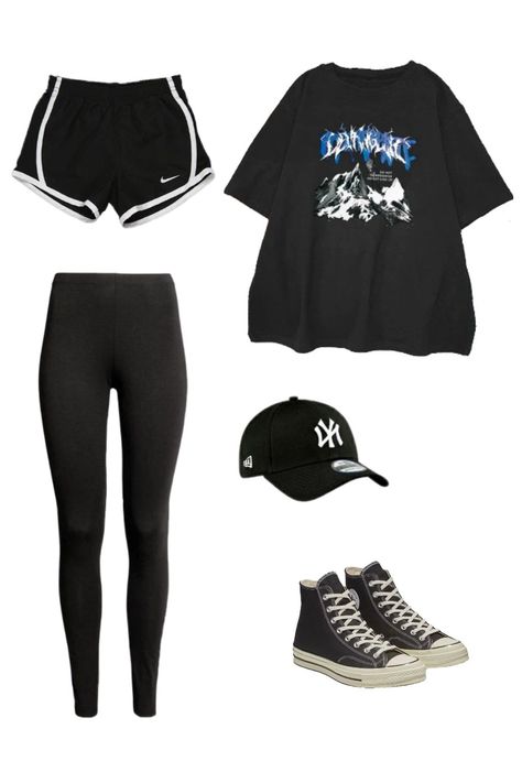 casual outfit shorts leggings converse oversized black outfit Strict Parents Gym Outfit, Outfit For New Year, Shorts With Leggings, Fits Summer, Chose Outfit, Strict Parents, Short Leggings, Gym Outfit, Casual Outfit