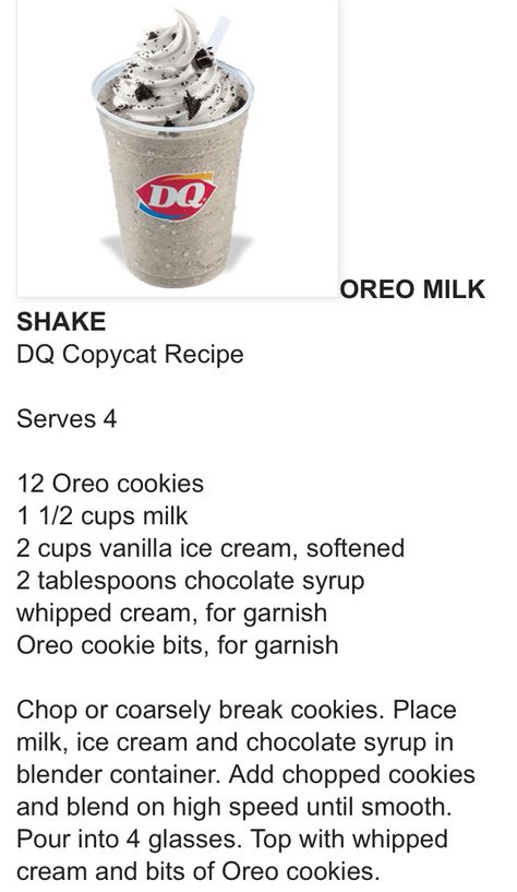 Moolatte Recipe Dairy Queen, Dq Recipes, Thick Oreo Milkshake Recipe, Dairy Queen Copycat Recipes, Oreo Frappe Recipe, Oreo Shake Recipe, Oreo Milkshake Recipe, Oreo Milk, Oreo Shake