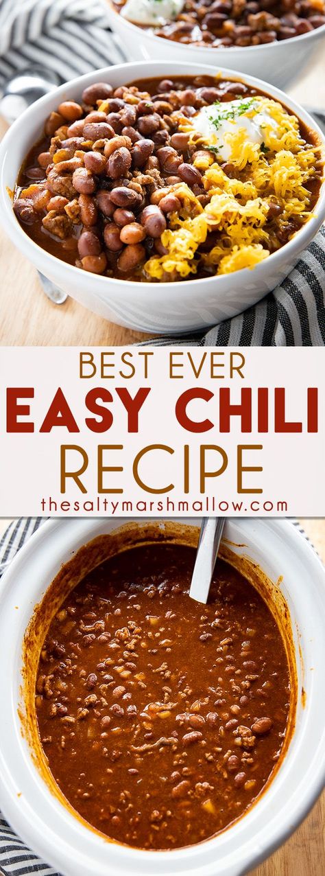 Best Easy Chili Recipe is my family's absolute favorite, and the only quick and easy chili recipe you will ever need!  Learn how to make hearty, comforting chili in your crockpot or on your stovetop! #chili #chilirecipe #easychilirecipe #bestchilirecipe #crockpotchilirecipe #thesaltymarshmallow Best Easy Chili Recipe, Easy Homemade Chili Recipe, Chili Recipe Stovetop, Stovetop Chili, Easy Homemade Chili, The Salty Marshmallow, Salty Marshmallow, Homemade Chili Recipe, Chili Chili