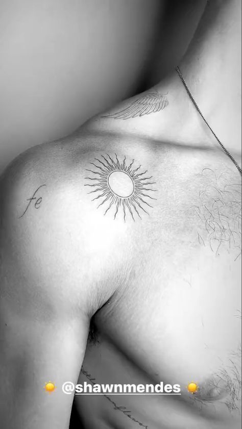 Shawn Mendes Sun Tattoo, Sun Men Tattoo, Sun Tattoo Man, Sun Tattoos Men, Sun Tattoo For Men, Male Tattoos Ideas, Hot Tattoo Ideas For Men, Sun Tattoo Men, Shawn Mendes Tattoo