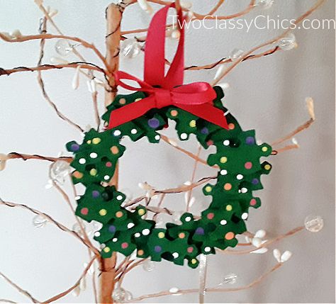 Puzzle Pieces Wreath Christmas Ornament Christmas Ornaments Made Out Of Puzzle Pieces, Puzzle Pieces Christmas Crafts, Puzzle Wreath Craft, Puzzle Piece Wreath Ornament, Puzzle Piece Christmas Ornaments, Puzzle Wreath, Puzzle Ornaments, Puzzle Piece Crafts, Origami Ornaments