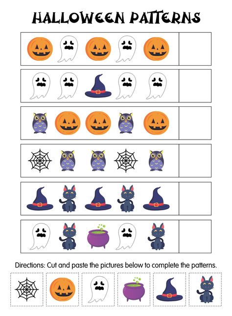 Kindergarten Halloween Pattern Worksheets Printables Halloween Tk Activities, Halloween Pattern Worksheets Free, Letter E Halloween Crafts, Halloween First Grade Worksheets, Halloween Counting Kindergarten, Halloween Math Kindergarten Free, Halloween Themed Worksheets, Halloween School Printables Free, Pattern Printables For Preschool