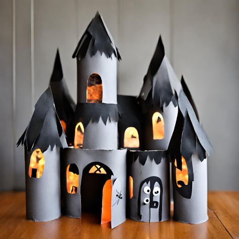 Cardboard Tube Haunted Houses | East Greenwich Free Library Haunted House Out Of Cardboard Boxes, Toilet Paper Roll Haunted House, Easy Diy Haunted House Ideas, Diy Cardboard Haunted House, Cardboard Haunted House Diy, Halloween Cardboard Decorations, Haunted House Cardboard, Cardboard Halloween Decorations Diy, Cardboard Haunted House