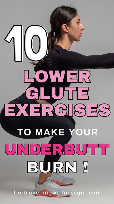 Pinterest pin showing a woman doing lower glute exercises during her booty workout Workouts For Under Glutes, Exercises For Under Buttocks, Under Glute Workout, Bootybands Workout At Home, Banded Glute Exercises, Underbutt Exercises, Lower Glute Workout, Lower Glute Exercises, Underbutt Workout