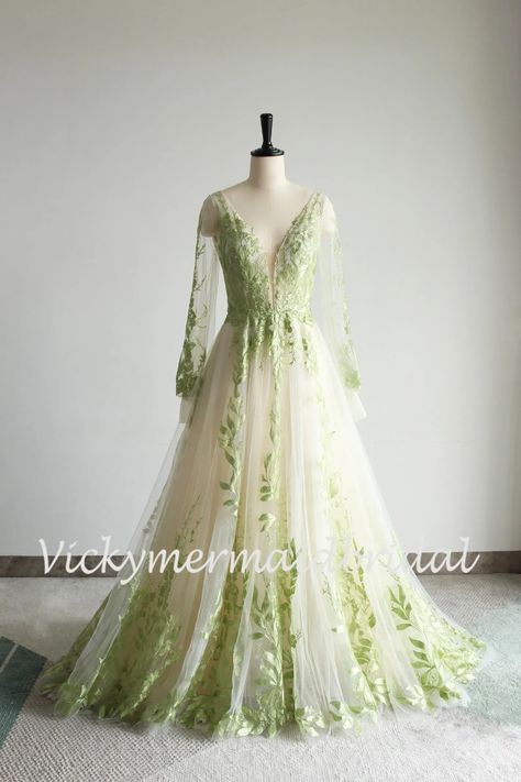 Romantic Sage Green Leaves and Branches Lace Wedding Dress, Long Sleeves Wedding Dress - Etsy Wedding Dress With Green Leaves, Wedding Dress With Green Accents, Fairy Inspired Wedding Dress, Woodland Fairy Wedding Dress, Light Green Wedding Dress, Fairy Dress Green, Sage Wedding Dress, Green Wedding Gown, Sage Green Wedding Dress