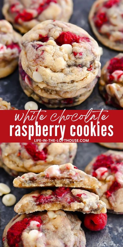 White Chocolate Raspberry Cookies White Chocolate Raspberry Cookies, Chocolate Raspberry Cookies, Raspberry White Chocolate Cookies, Raspberry Cookie Recipes, Raspberry White Chocolate, Cookie Platter, Raspberry Cookies, White Chocolate Chip, Raspberry Recipes