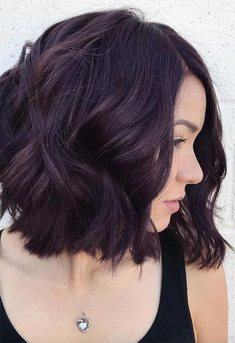 Black Purple Hair Short, Plum Hair Color Ideas, Plum Hair Dye, Dark Plum Hair, Eggplant Hair, Plum Hair Color, Hair Color Guide, Hair Color Plum, Dyed Tips