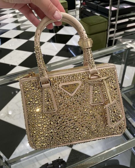 Prada Prada Galleria Mini, Prada Bag Diamond, Pink Sparkly Prada Bag, Prada Rhinestone Bag, Glamorous Gold Crystal Bags, Prada Crystal Bag, Chic Things, Prada Bag Crystals, Prada Galleria