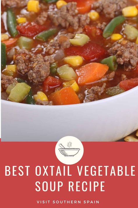 Are you ready to try our Simple Oxtail Vegetable Soup Recipe? Make sure you save this delicious Spanish oxtail soup made with all the best of ingredients. This is a oxtail soup with mixed vegetables that's perfect for when you want a complete dish that can be served both as dinner and lunch. Try the best oxtail vegetable soup recipe from Spain now. #oxtailvegetablesoup #spanishoxtailsoup #oxtailsouprecipe #oxtailandvegetablesoup Oxtail Vegetable Soup Recipe, Oxtail Soup Recipes Crockpot, Ox Tail Soup Recipe, Oxtail Soup Recipe, Cooking Oxtails, Oxtail Recipe, Soup With Vegetables, Oxtail Soup, Oxtail Stew