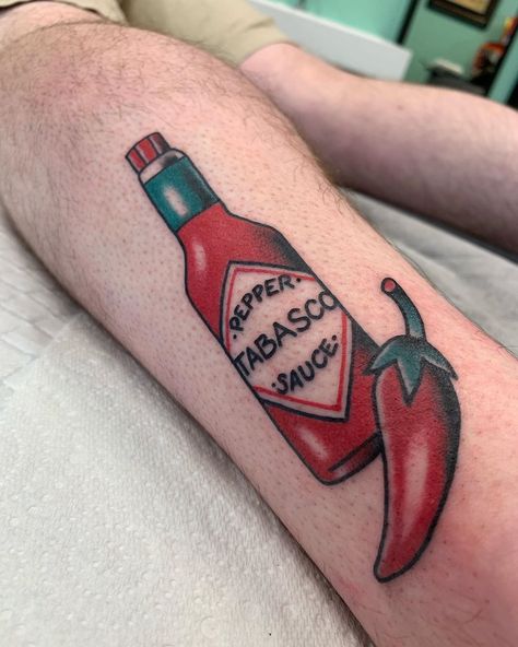 Hot Sauce Bottle Tattoo, Traditional Pepper Tattoo, Tabasco Tattoo, Hot Sauce Tattoo, Chile Pepper Tattoo, Tattoo Checklist, Chili Tattoo, Chili Pepper Tattoo, Pepper Tattoo