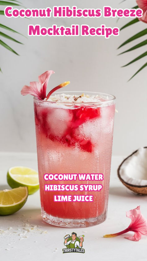 "Discover the refreshing Coconut Hibiscus Breeze Mocktail Recipe, the  perfect tropical mocktail for summer! This vibrant hibiscus drink combines  the rich flavors of coconut with fruity infusions, making it an ideal  non-alcoholic beverage for warm days. Enjoy this delightful blend as a part  of your summer refreshments and impress your guests with this easy-to-make,  delicious coconut mocktail. Perfect for any occasion, this fruit-infused  drink is a must-try!" Large Batch Drinks Non Alcoholic, Spring Drink Recipes Nonalcoholic, Tropical Mixed Drinks Alcoholic, Coconut Milk Beverage Recipes, Hawaii Drinks Non Alcoholic, Mai Tai Mocktail Recipe, Thai Drink Recipes, Pineapple Coconut Mocktail, Hibiscus Mocktail Recipe