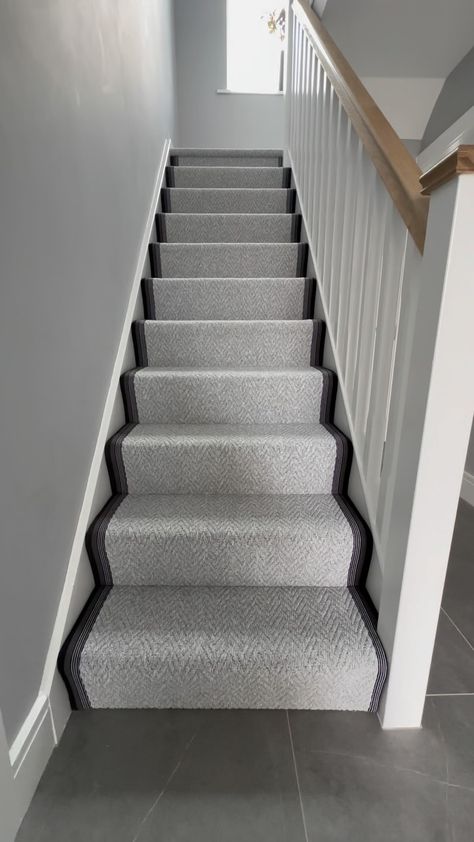 Recent installation of our wool herringbone carpet from @fibreflooring Fitted with a gravel grey cotton border. Full… | Instagram Grey Striped Stair Carpet, Grey Stair Carpet Ideas, Herringbone Stair Carpet, Grey Carpet Stairs, Hallway Carpet Ideas, Herringbone Carpet Stairs, Stairs Carpet Ideas, Stairs Flooring