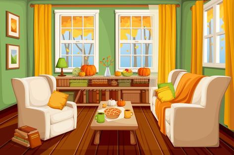 Autumn living room interior. Vector illustration. stock illustration Cozy Autumn Living Room, Room Interior Colour, Living Room Vector, Living Room Clipart, Living Room Cartoon, Living Room Illustration, Interior Vector, Picture Comprehension, Autumn Living Room