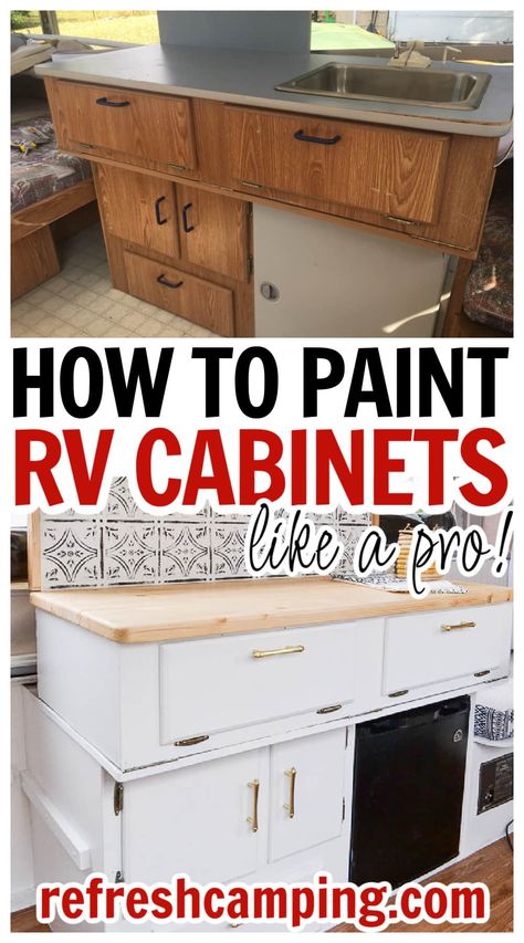 How to Paint RV Cabinets to Last (Easy DIY Guide) - Refresh Camping How To Paint Camper Cabinets, Trailer Cabinet Makeover, Best Paint For Rv Cabinets, How To Paint Rv Cabinets, Camper Cupboards Remodel, Painted Camper Cabinets, Camper Cabinets Painting, Diy Rv Cabinets, Painting Trailer Cabinets