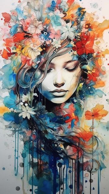 Une Aquarelle D'une Femme Avec Des Fleur... | Premium Photo #Freepik #photo #portrait-peinture #illustrations Planes Of The Face, Winter Artwork, Female Artwork, Art Of Beauty, Art Inspiration Painting, Photo Images, Divine Feminine, Face Art, Premium Photo