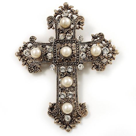 Large Victorian Filigree Imitation Pearl Crystal Cross Brooch (Antique Gold) Ornate Cross, Victorian Filigree, Turquoise Jewelry Native American, Swarovski Crystal Jewelry, Crystal Cross, Antique Gold Jewelry, Pearl Crystal, Gold Jewelry Indian, Crystal Brooch