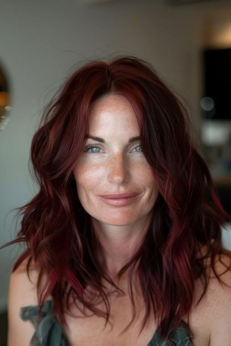 Woman with wavy red hair smiling softly indoors. Maroon Hair Highlights, Dark Cherry Red Hair, Cherry Cola Balayage, Layers Styled, Cherry Wine Hair, Dark Cherry Hair, Mahogany Highlights, Maroon Highlights, Cherry Brown Hair