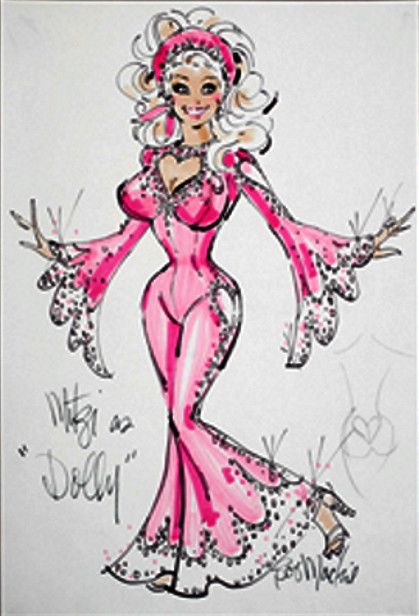 Bob Mackie Dolly Parton costume sketch for Mitzi Gaynor Dolly Parton Barbie, Dolly Parton Looks, Dolly Parton Sketch, Dolly Parton Illustration, Dolly Illustration, Dolly Parton Halloween Costume, Dolly Parton Drawing, Bob Mackie Sketches, Dolly Parton Outfits