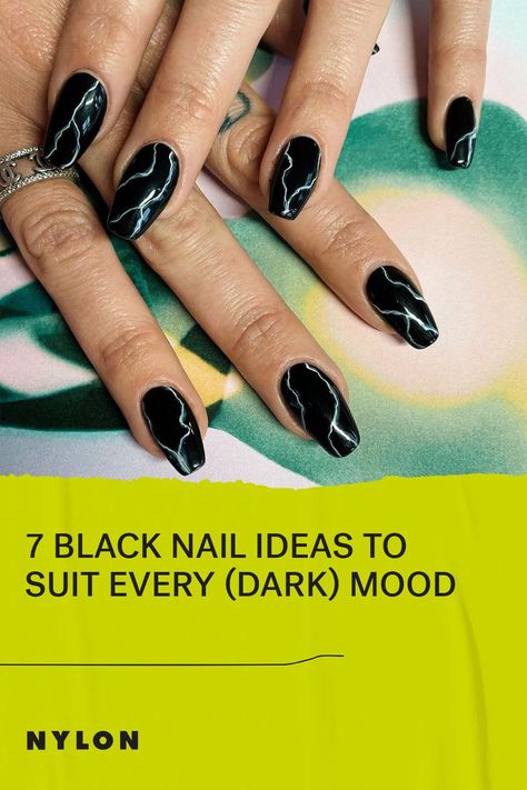 Chic Nails Black, Nail Extension Black, Black Gel Extension Nails, Black Nails Chipped, Sharp Black Acrylic Nails, Black Manicure Ideas, Black Witchy Nails Coffin, Black Nail Ideas, Dark Aura