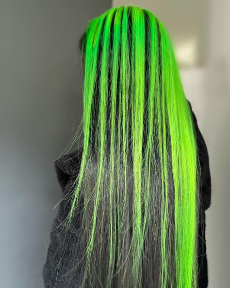 #greenhair #hair #halloweenhair Black And Neon Green Hair, Purple And Green Hair, Black And Green Hair, Neon Green Hair, Skunk Hair, Black Hair Color, Neon Hair, Black Hair With Highlights, Hair Stylies