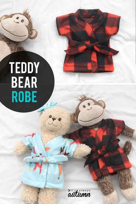 Sew this adorable teddy bear robe with a free sewing pattern. Fun Christmas gift for kids! Doll Robe Free Pattern, How To Make Clothes For Stuffed Animals, Build A Bear Outfits Patterns, Diy Build A Bear Clothes, Teddy Bear Clothes Patterns Free Sewing, Build A Bear Diy, Clothes For Teddy Bears, Sew A Stuffed Animal, Build A Bear Clothes Pattern