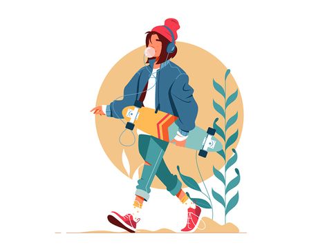 Girl walking outside by Kit8 on Dribbble Music Vector, Walking Outside, Astronaut Illustration, Flat Art, Girl Walking, Flat Design Illustration, Vector Character, People Illustration, Flat Illustration