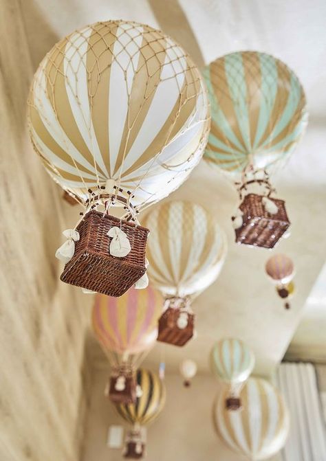 Hot Air Balloon Mobile Diy, Hot Air Balloon Hanging From Ceiling, Diy Fabric Hot Air Balloon, Vintage Hot Air Balloon Party, Vintage Air Balloon, Nursery Air Balloon, Hot Air Balloon Ceiling Decor, Hot Air Balloon Room Decor, Nursery Hot Air Balloon Theme