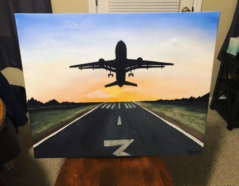 Acrylic painting done by myself for an airport employee. Aviation Painting Canvas, Painting Ideas On Canvas Airplane, Acrylic Painting Airplane, Plane Painting Easy, Airplane Painting Easy, Airplane Window Painting, Travel Painting Ideas, Airport Painting, Jet Painting