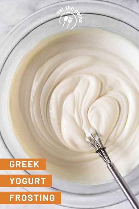 Looking for a healthier alternative to traditional frosting? This 3-ingredient greek yogurt frosting with maple syrup is easy to make, lightly sweetened, and full of protein. Perfect for cakes, cupcakes, breads, and more! Greek Yogurt Cheese Sauce, Yogurt Frosting Recipe, Healthy Frosting Recipe, Greek Yogurt Icing, Gains Recipes, Yogurt Whipped Cream, Whipped Greek Yogurt, Greek Yogurt Whipped Cream, Greek Yogurt Frosting