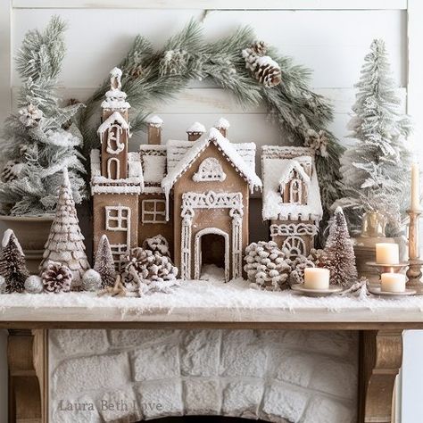 Gingerbread House Display Ideas, Gingerbread Mantel Ideas, Gingerbread Mantle Decor, Diy Gingerbread Christmas Tree, Christmas Gingerbread Decor, Christmas Fireplace Decorations, Fireplace Christmas Decor, Gingerbread Christmas, Christmas 2024