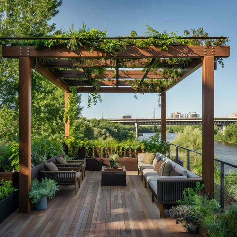 33 Outdoor Decks with Stunning Pergola Roof Gardens Wooden Pergola With Roof, Pergola Roof, Outdoor Decks, Roof Gardens, Garden Pergola, Green Roofs, Building Roof, Wooden Pergola, Deck With Pergola