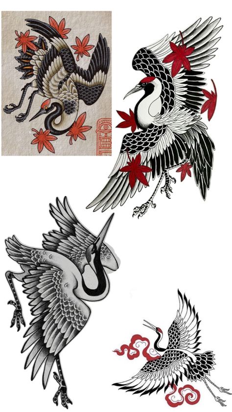 Traditional Crane Tattoo, Traditional Bird Tattoo, Tattoo Pierna, Crane Tattoo, Moccasin Pattern, Chinese Tattoo, Traditional Tattoo Art, Bird Tattoo, Crane Bird