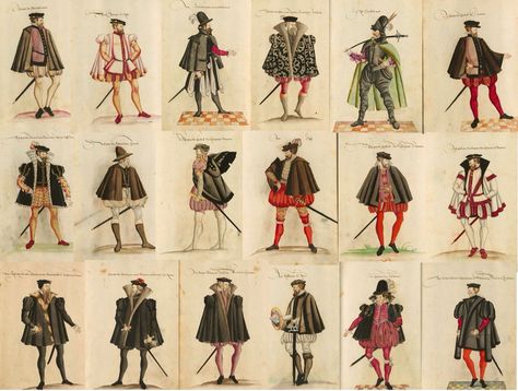 An assortment of men's clothing in the 1500s 16 Century Fashion Men, Cosplay Organization, Medieval Clothing Men, 15th Century Fashion, 1500s Fashion, 15th Century Clothing, Mens Garb, 16th Century Clothing, Elizabethan Costume