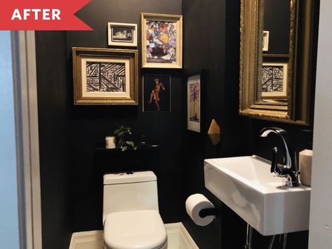 Before and After: Black Paint Made This Powder Room Feel So Much Warmer | Apartment Therapy Black Small Toilet, Black Cloakroom Toilet, Wc Paint Ideas, Black And White Cloakroom, Small Black Powder Room Ideas, Single Toilet Room Ideas Decor, Black Wc Toilets, Black Downstairs Toilet, Toilet Paint Ideas