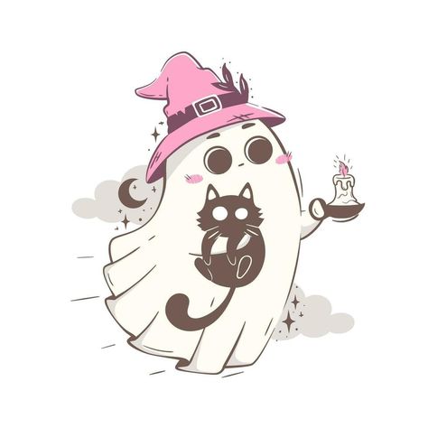 cute cartoon ghost in a witch's hat carries a cat in his arms, lighting the way with a candle. Halloween character vector illustration in pink retro colors Cartoon Art Halloween, Cute Vector Illustration, Witch Illustration, Witch Cartoon, Cat In Witch Hat Tattoo, Ghost Cartoon Cute, Cat With Witch Hat Tattoo, Cartoon Ghost Cute, Cute Witch