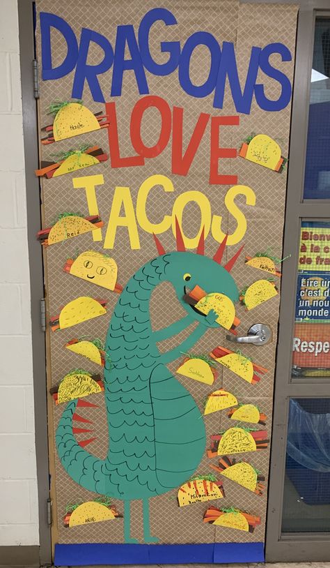 Dragon Door Decorations Classroom, Dragons Love Tacos Door Decorations, Book Character Door Decorations Classroom, English Classroom Door Ideas, Book Week Door Decorations, Book Cover Door Decorations Classroom, Book Theme Classroom Door, Love Of Reading Door Decorations, Book Themed Classroom Doors