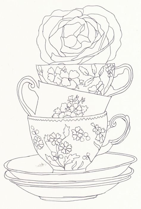 Tasses et rose Simple Line Drawings, Adult Colouring Pages, Free Adult Coloring Pages, Tea Art, Cute Coloring Pages, Colorful Party, Mandala Coloring, Coloring Book Pages, Coloring Pictures