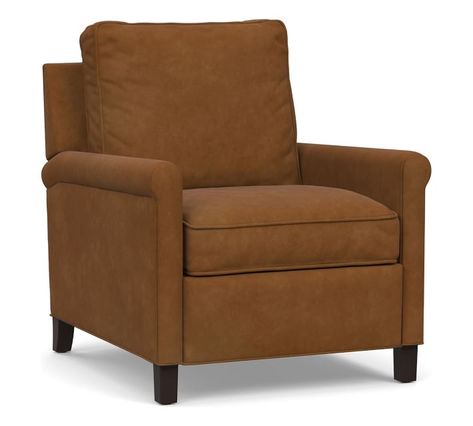 The sophisticated profile of this Tyler Leather Recliner features gently rolled arms and square legs that complement the graphic frame. Release the power button to adjust to your ideal relaxing angle. French Sofa Antique, Leather Roll, Swivel Glider, Leather Recliner, Swivel Armchair, Hard Wood, Upholstered Arm Chair, Free Interior Design, Leather Armchair