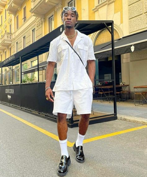 Monochromatic Outfit Men Summer, Outfits For Men With Shorts, Black Mens Holiday Outfits Summer, Loafer Shorts Outfit, White Short Men Outfit, White Loafers Outfit Men, All White Outfit Men Street Styles, Cream Shorts Outfit Men, Loafer Shorts Outfit Men