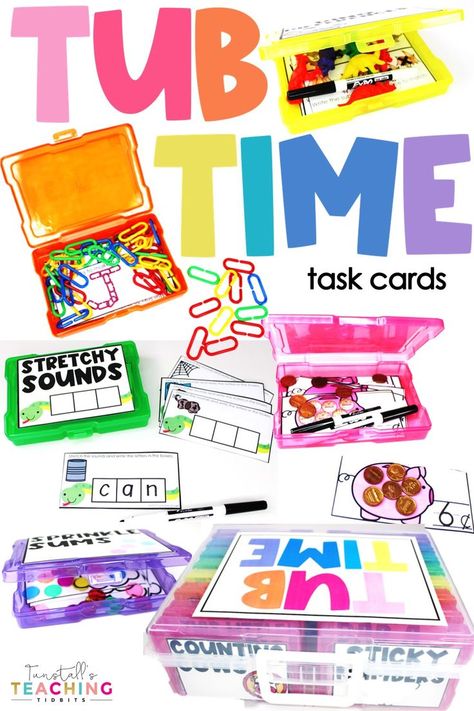 Each tub task involves math or literacy learning with a splash of fun. Here are 16 sets of simple tasks with simple materials done in a fun way. Cvc Word Task Boxes, Task Boxes For 2nd Grade, Literacy Task Boxes, Classroom Task Boxes, Task Cards Kindergarten Free Printable, Task Box Organization, First Grade Task Boxes, Kindergarten Task Cards Free, Elementary Task Boxes